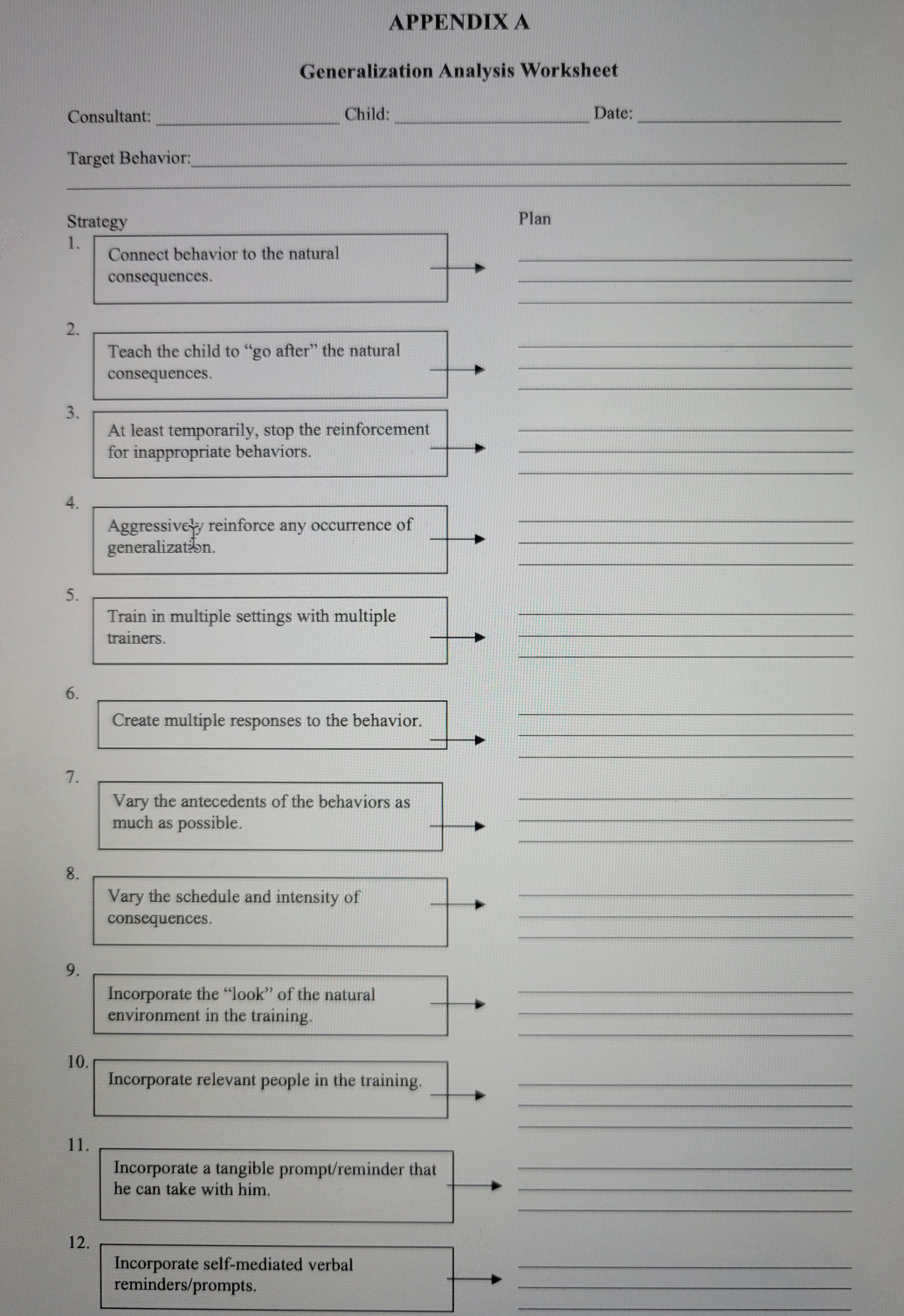 generalization identified in the Generalization Analysis Worksheet. The number of each component