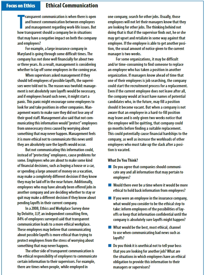 Focus on Ethics Ethical Communication ransparent communication is when there is open