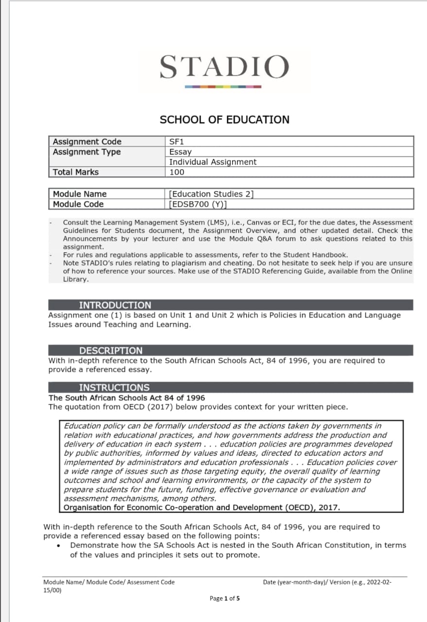 STADIO SCHOOL OF EDUCATION Assignment Code Assignment Type Total Marks Module Name