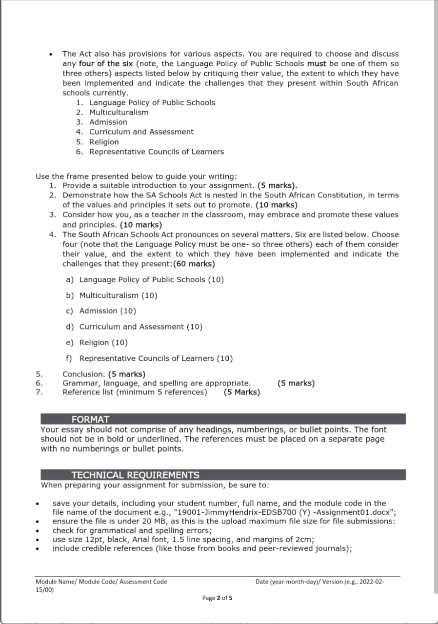 Module Code SF1 Essay Individual Assignment 100 [Education Studies 2] [EDSB700 (Y)]