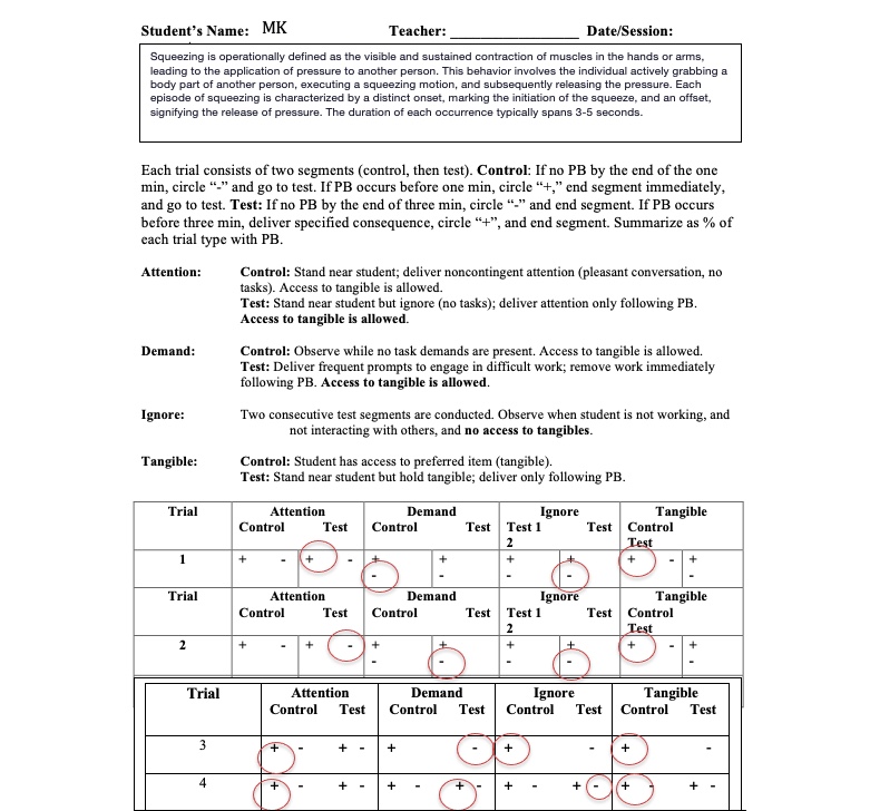 Student's Name: MK Teacher: Date/Session: Squeezing is operationally defined as the visible