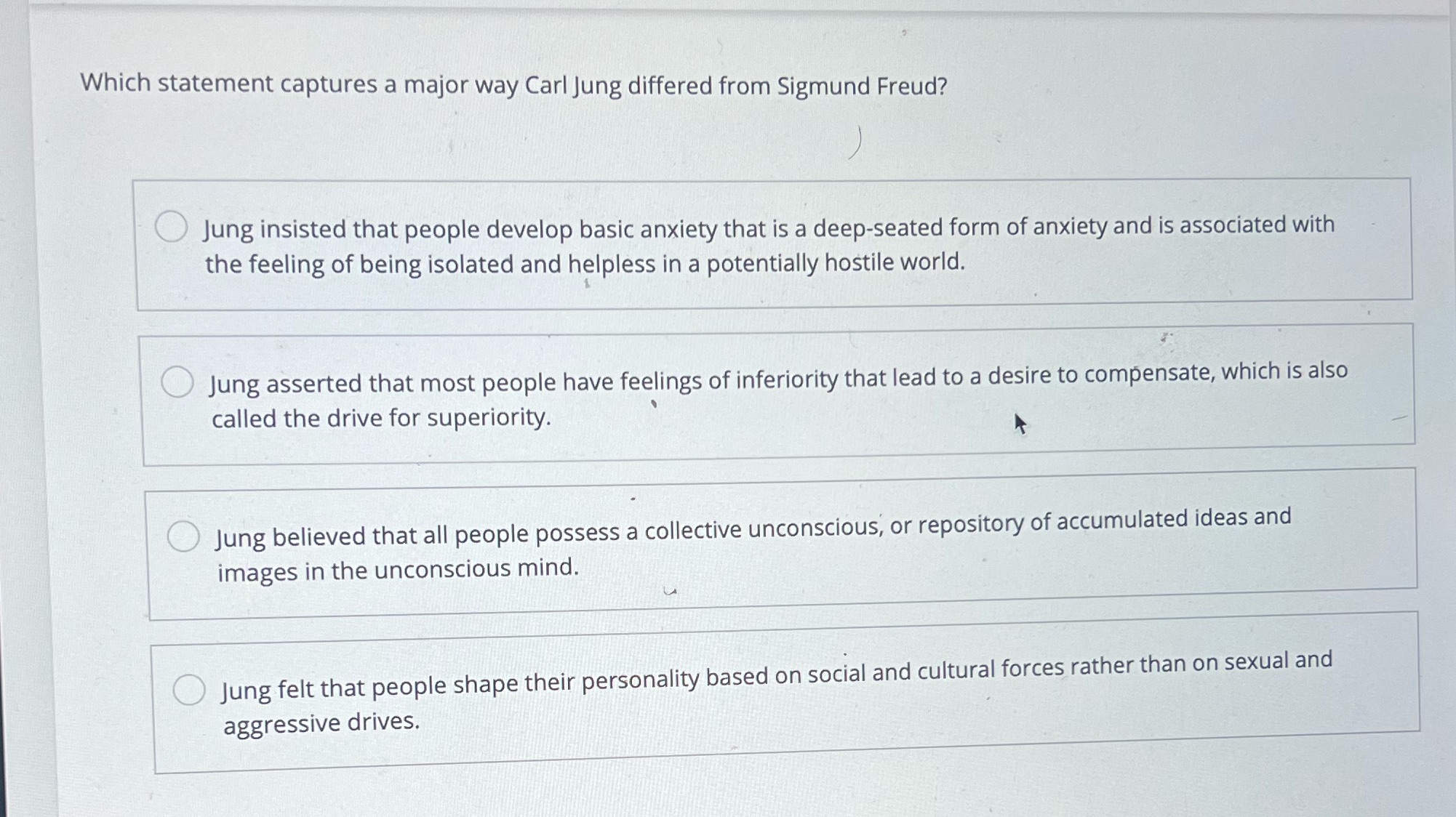 Which statement captures a major way Carl Jung differed from Sigmund Freud?