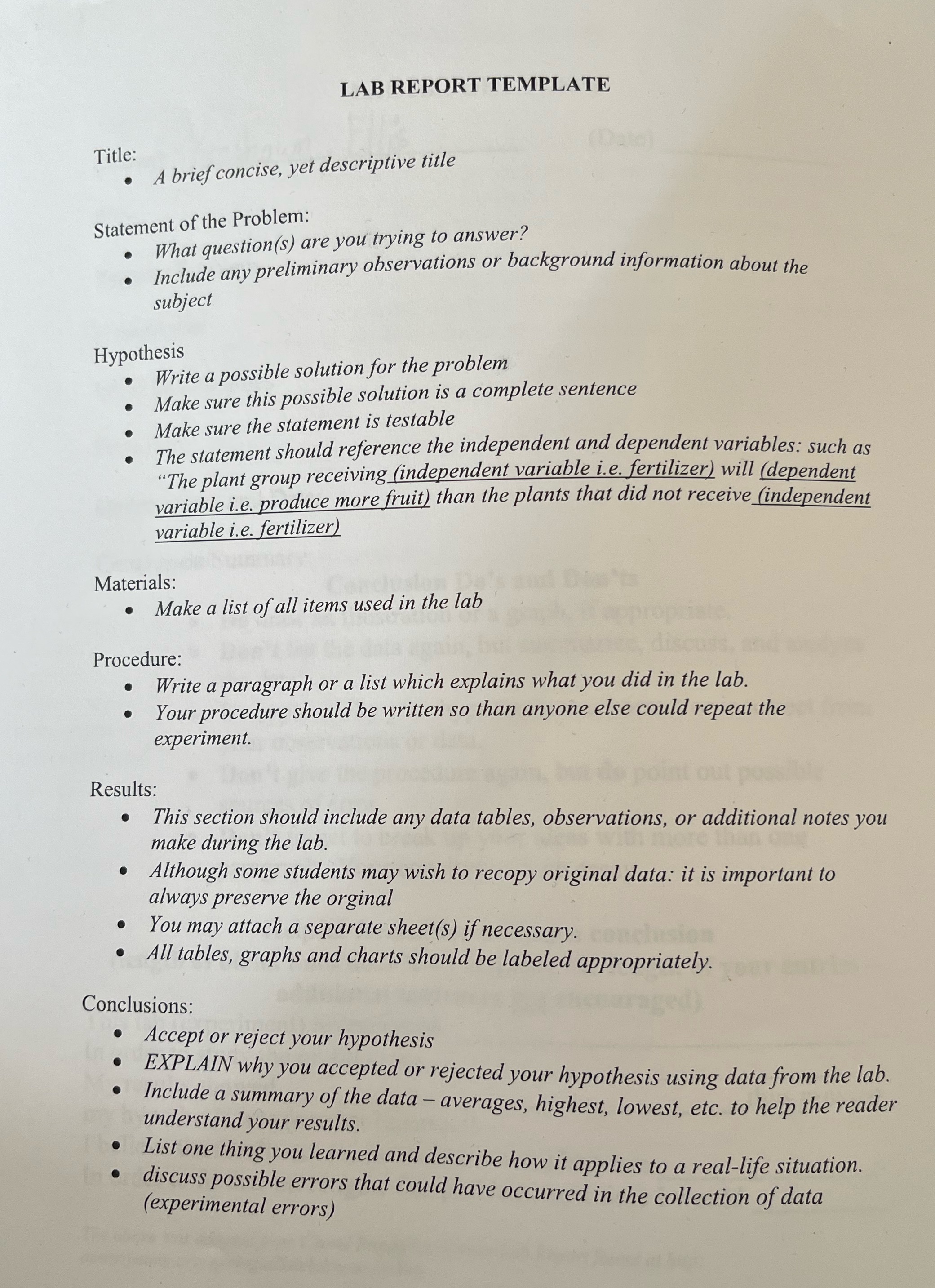 LAB REPORT TEMPLATE Title: A brief concise, yet descriptive title Statement of