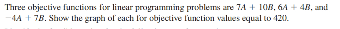 Three objective functions for linear programming problems are 7A + 10B, 6A