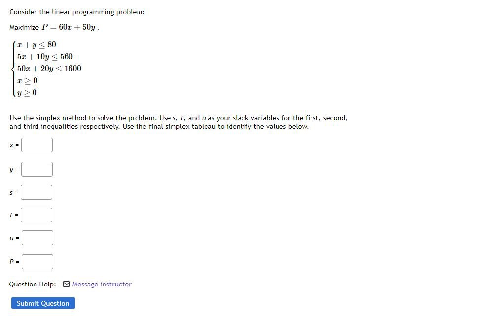 Consider the linear programming problem: Maximize P=60x + 50y. x+y80 5x +