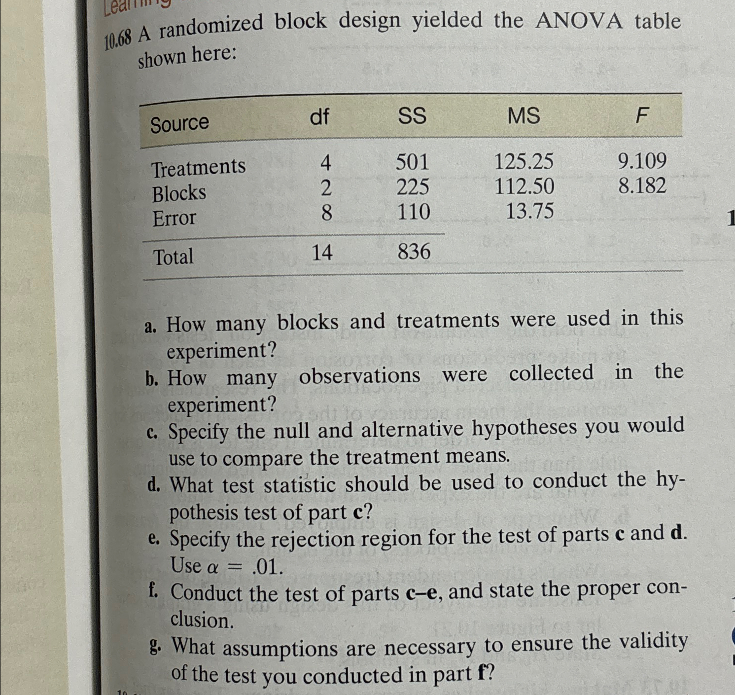 10.68 A randomized block design yielded the ANOVA table shown here: Source