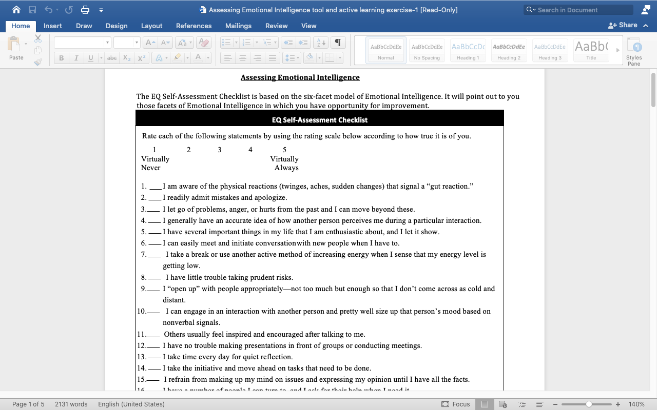 85.5 8 Assessing Emotional Intelligence tool and active learning exercise-1 [Read-Only] Home