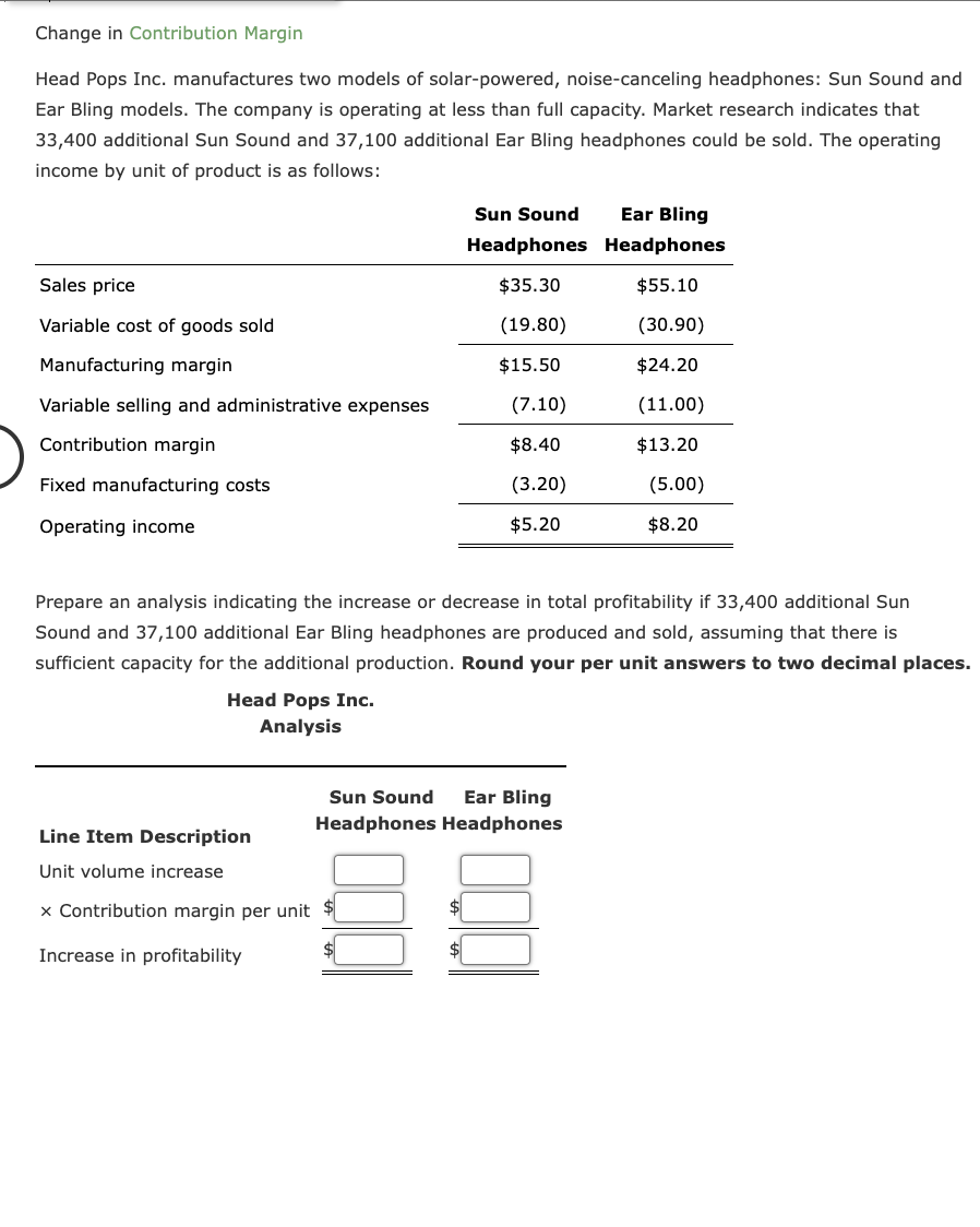 Change in Contribution Margin Head Pops Inc. manufactures two models of solar-powered,