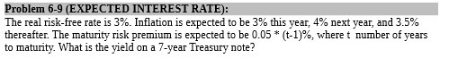 Problem 6-9 (EXPECTED INTEREST RATE): The real risk-free rate is 3%. Inflation
