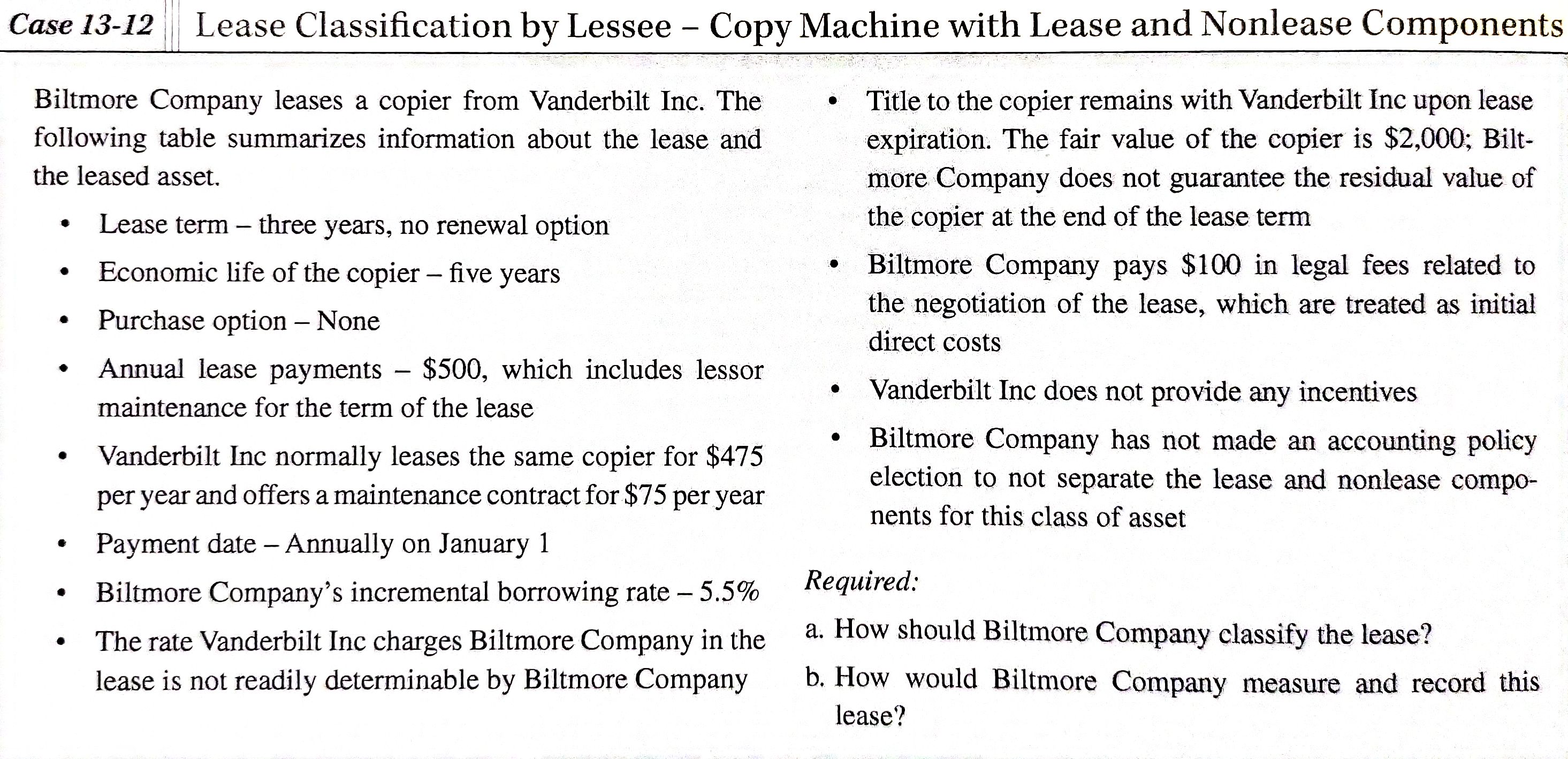 Case 13-12 Lease Classification by Lessee - Copy Machine with Lease and