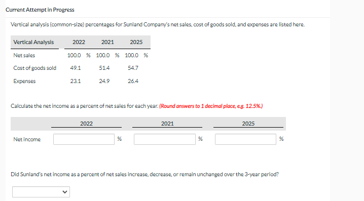 Current Attempt in Progress Vertical analysis (common-size) percentages for Sunland Company's net