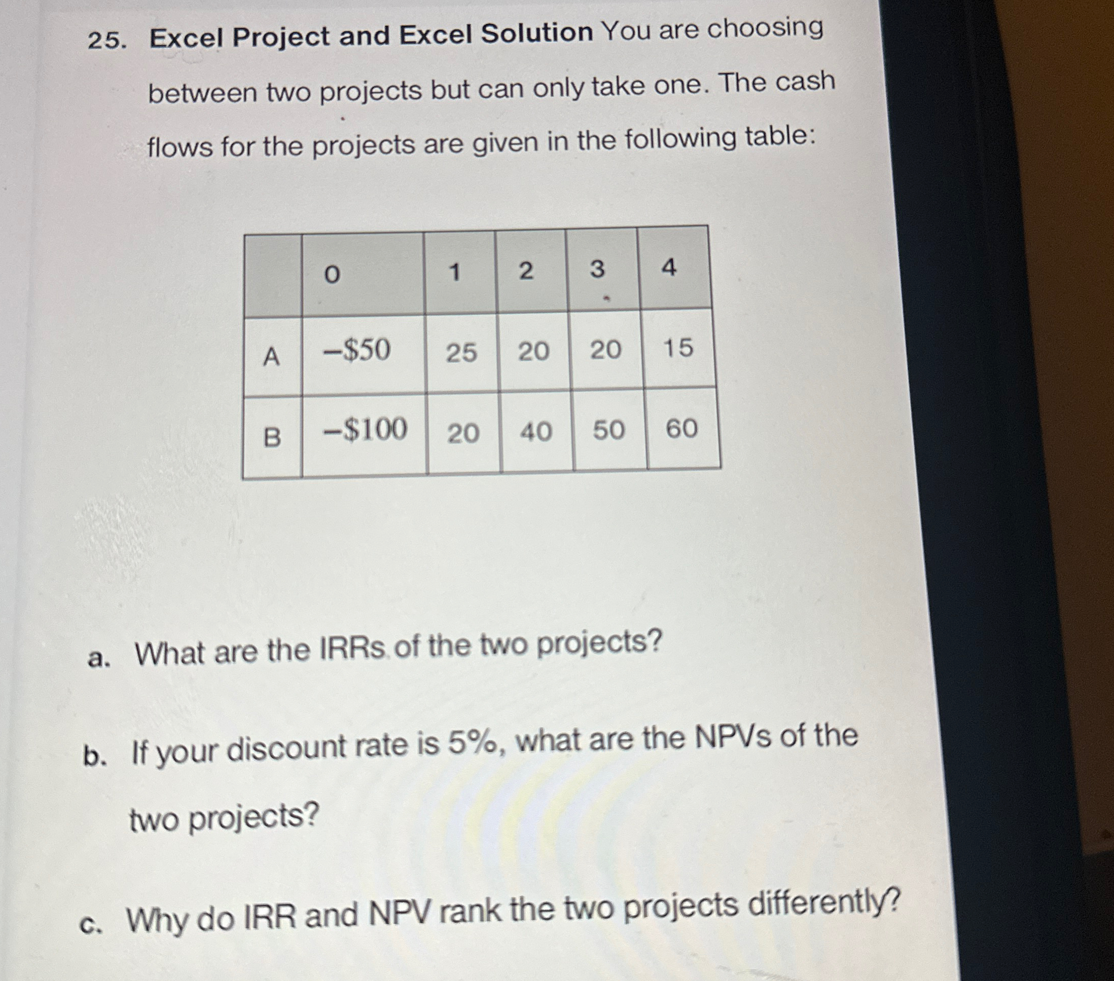 25. Excel Project and Excel Solution You are choosing between two projects