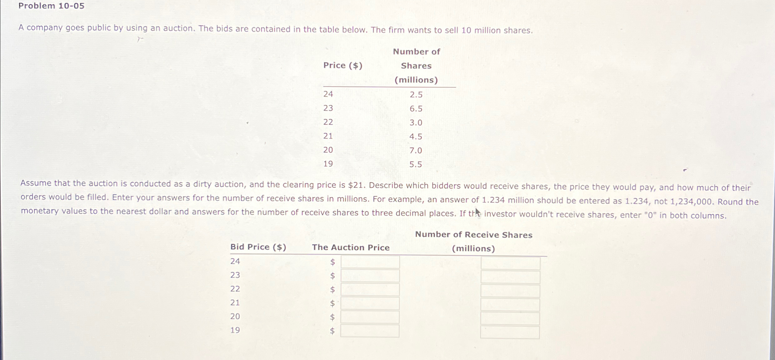 Problem 10-05 A company goes public by using an auction. The bids