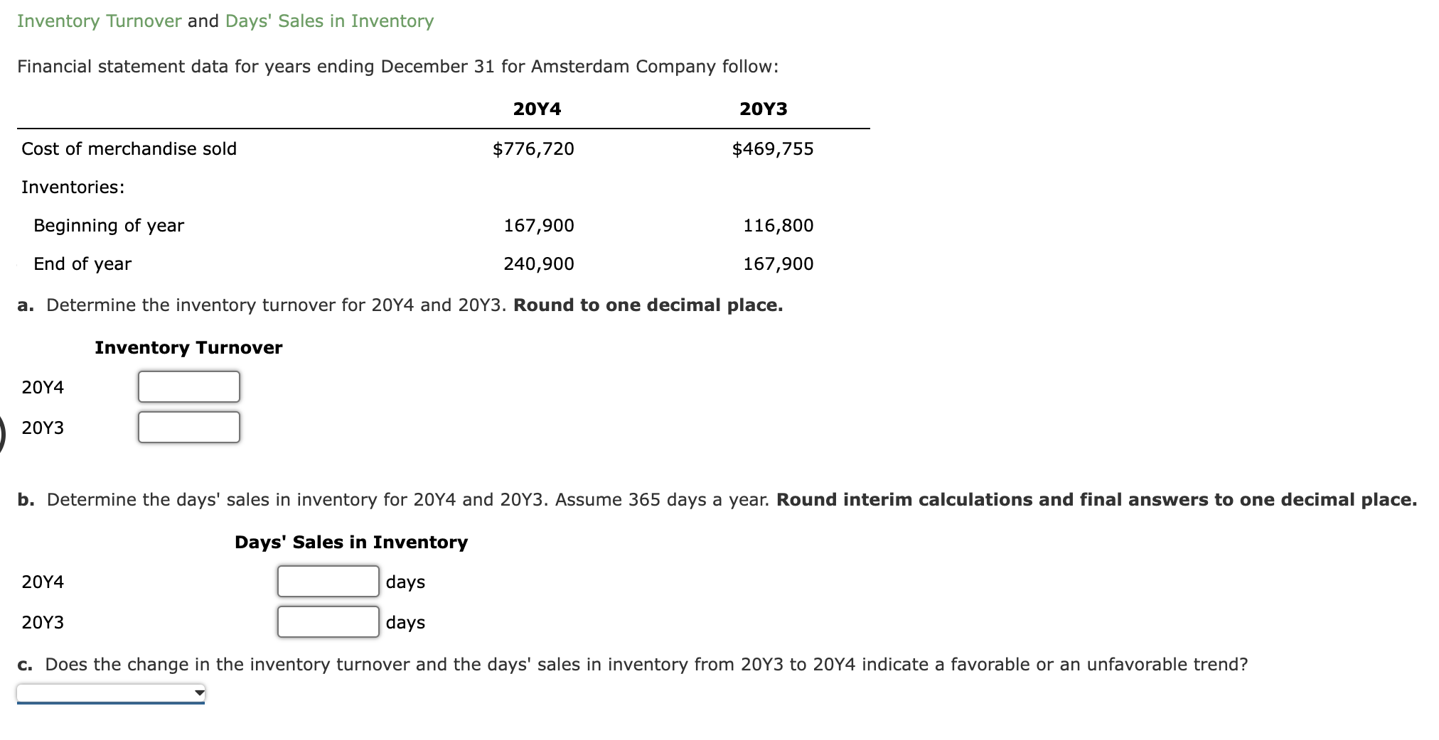 Inventory Turnover and Days' Sales in Inventory Financial statement data for years