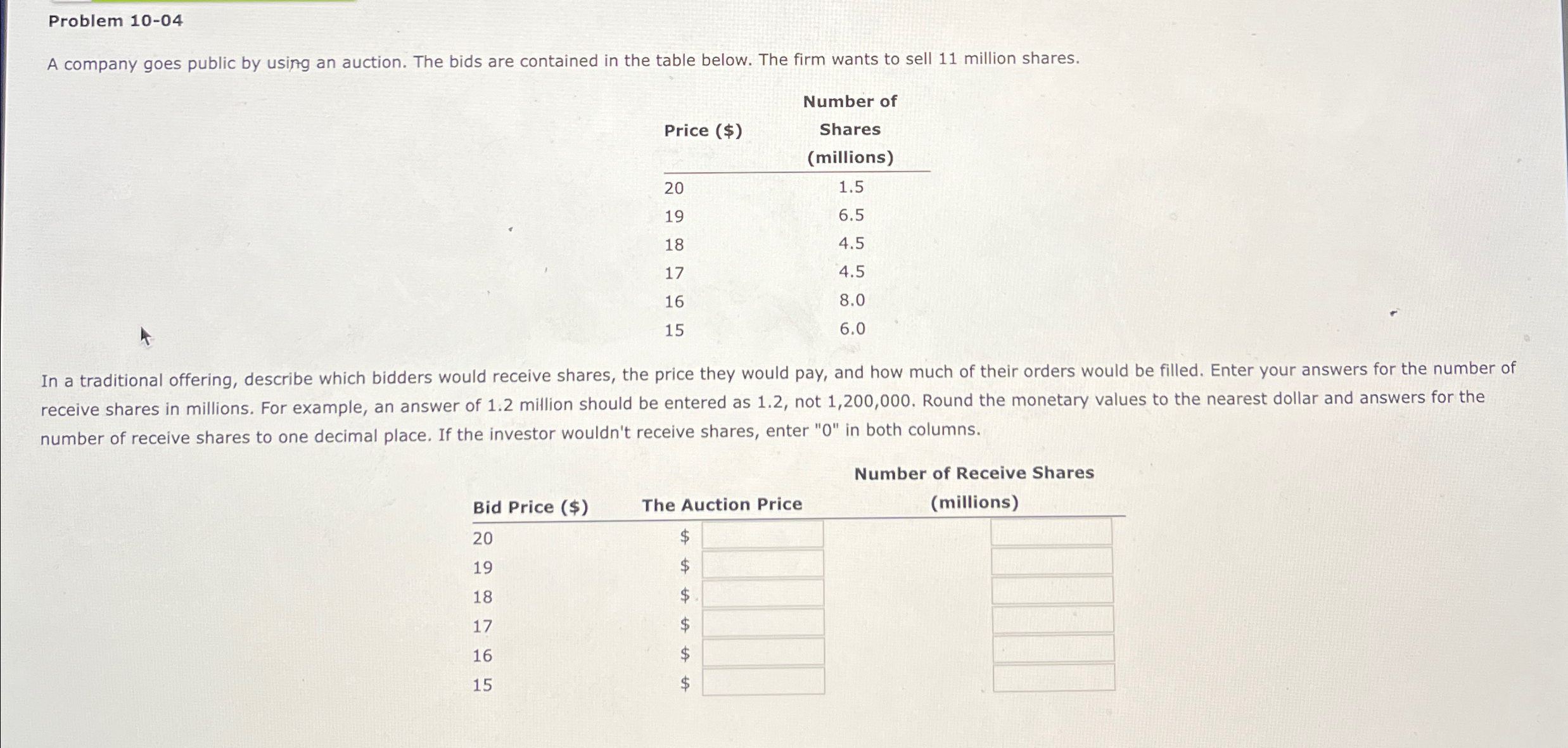 Problem 10-04 A company goes public by using an auction. The bids