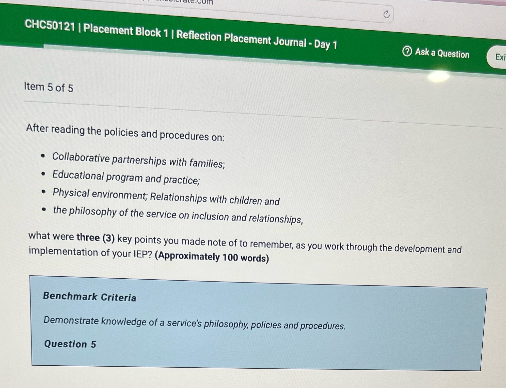 CHC50121 | Placement Block 1 | Reflection Placement Journal - Day 1