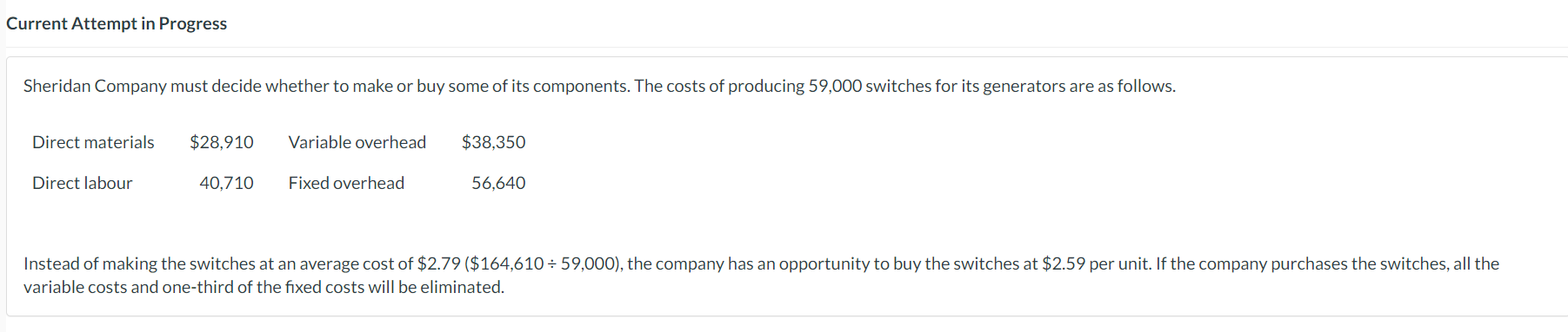 Current Attempt in Progress Sheridan Company must decide whether to make or