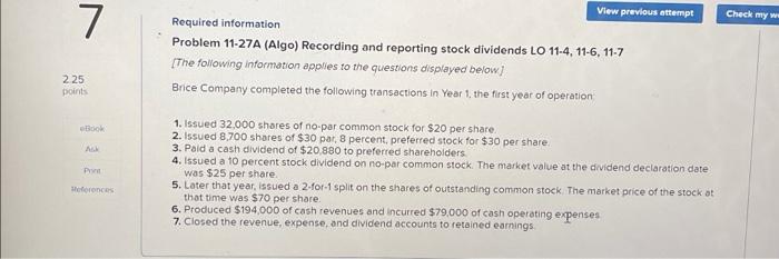 View previous attempt Check my ww 7 2.25 points Required information Problem