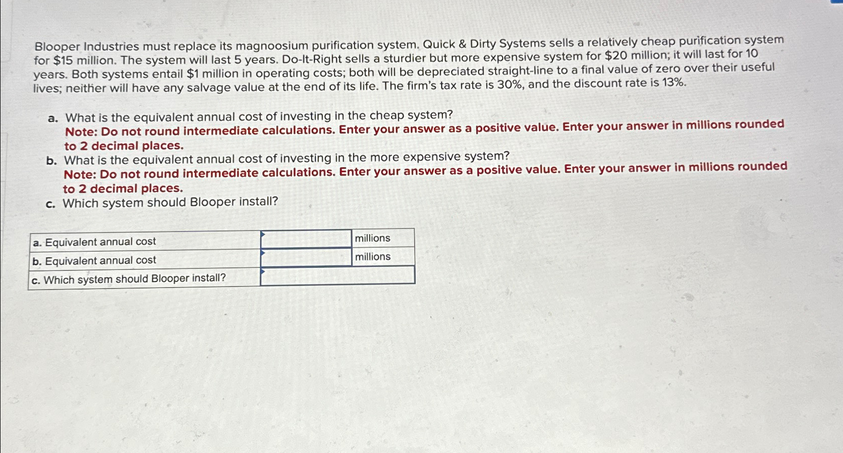 Blooper Industries must replace its magnoosium purification system. Quick & Dirty Systems