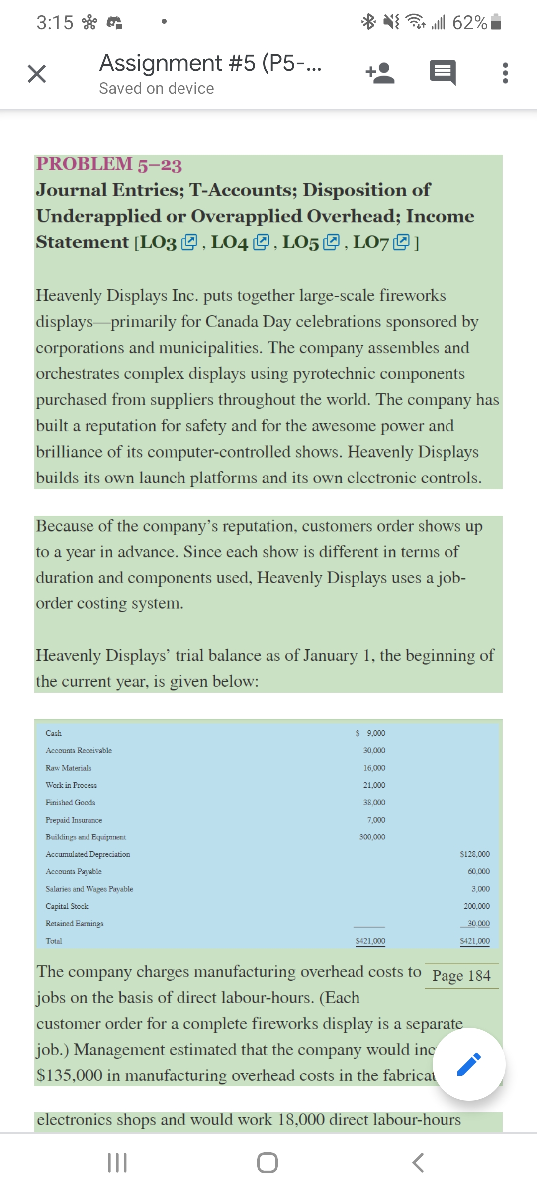 3:15 Assignment #5 (P5-... Saved on device till 62% PROBLEM 5-23 Journal