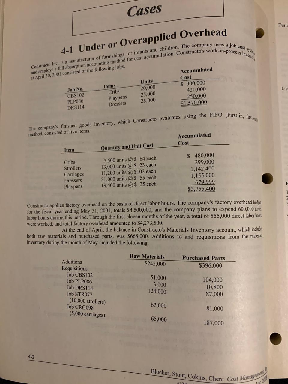 Cases 4-1 Under or Overapplied Overhead Constructo Inc. is a manufacturer of