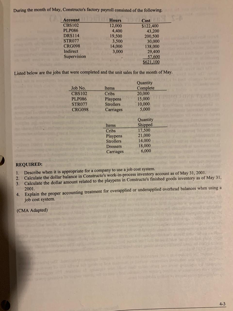 furnishings for infants and children. The company uses a j job cost