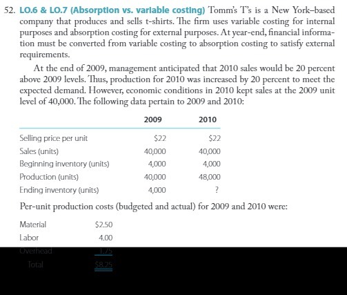 52. LO.6 & LO.7 (Absorption vs. variable costing) Tomm's T's is a