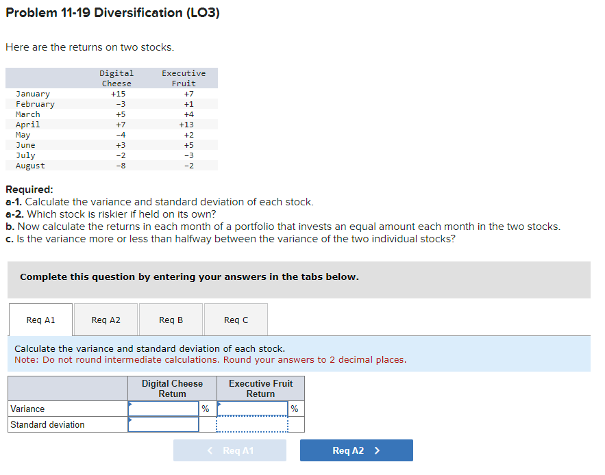 Problem 11-19 Diversification (LO3) Here are the returns on two stocks. Digital