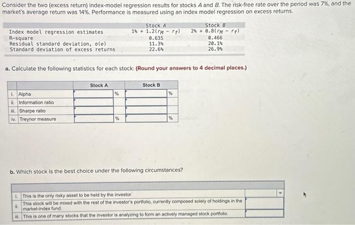 Consider the two (excess return) index-model regression results for stocks A and