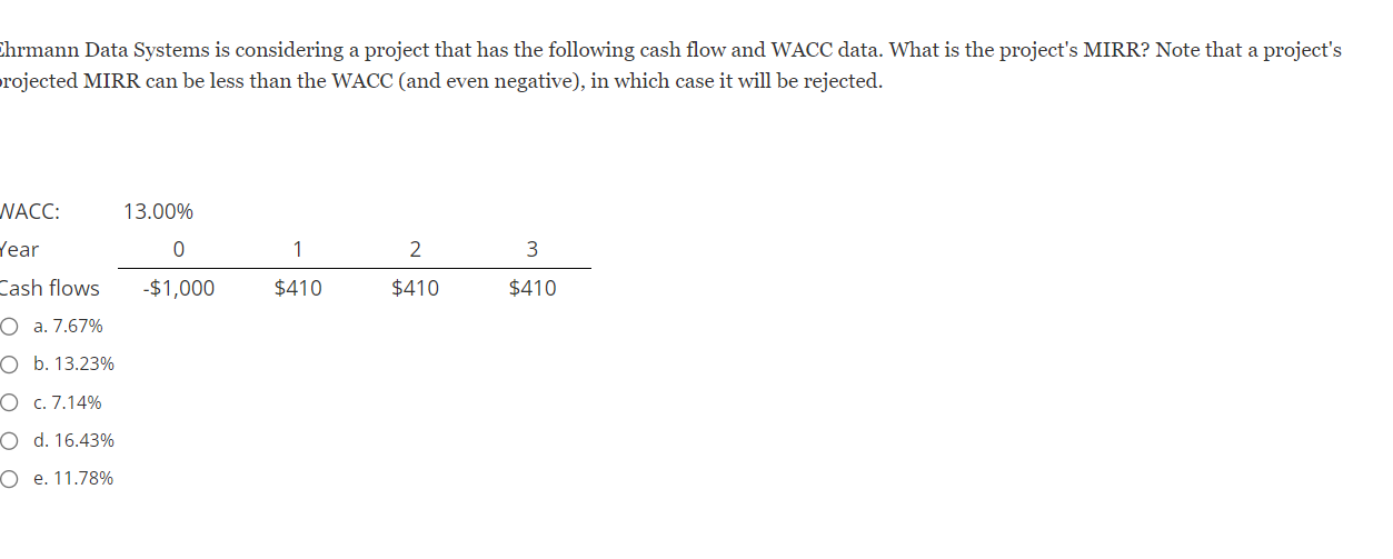 Ehrmann Data Systems is considering a project that has the following cash