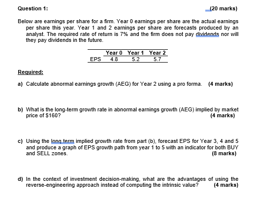 Question 1: (20 marks) Below are earnings per share for a firm.