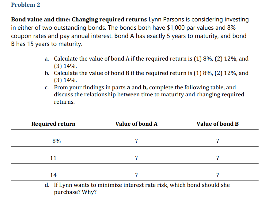 Problem 2 Bond value and time: Changing required returns Lynn Parsons is