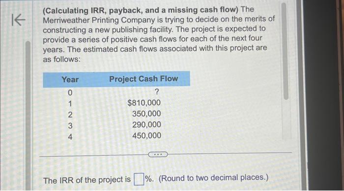 K (Calculating IRR, payback, and a missing cash flow) The Merriweather Printing