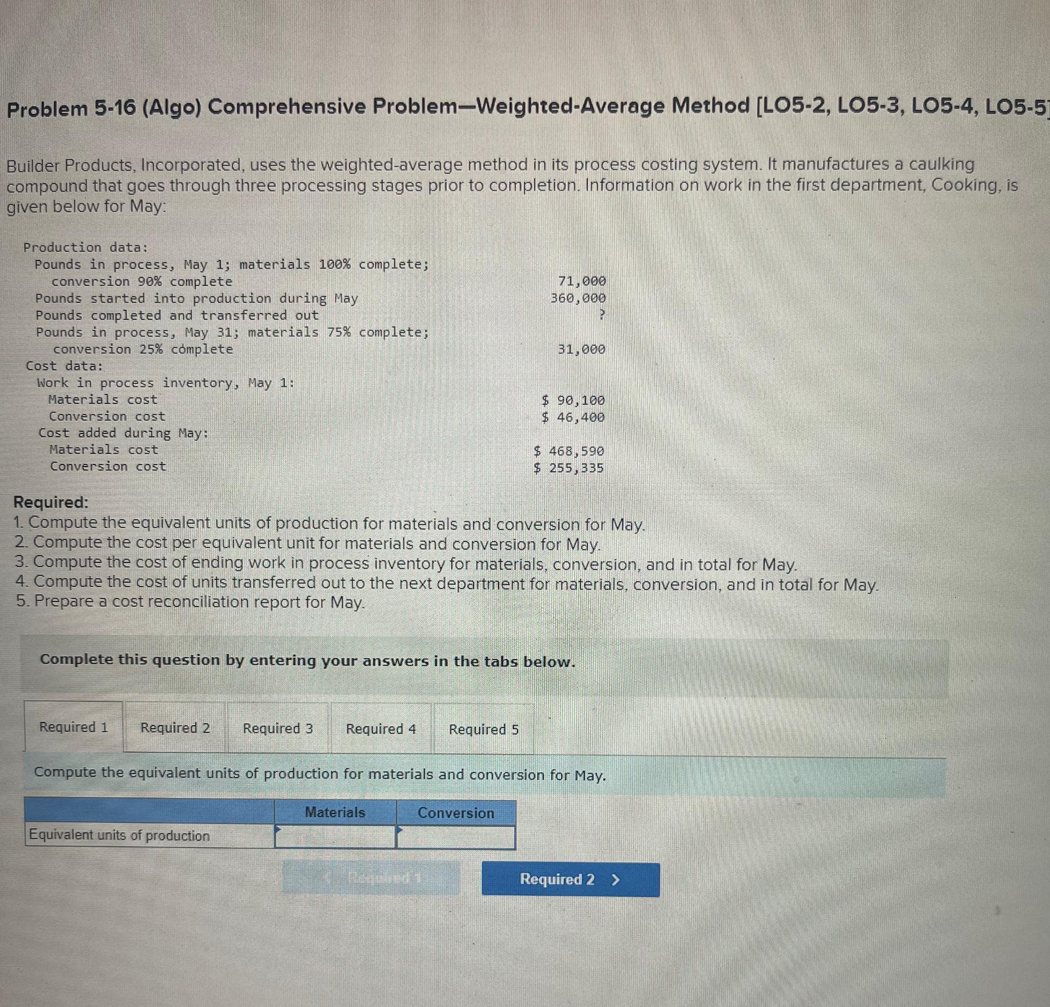 Problem 5-16 (Algo) Comprehensive Problem-Weighted-Average Method [LO5-2, LO5-3, LO5-4, LO5-5] Builder Products,