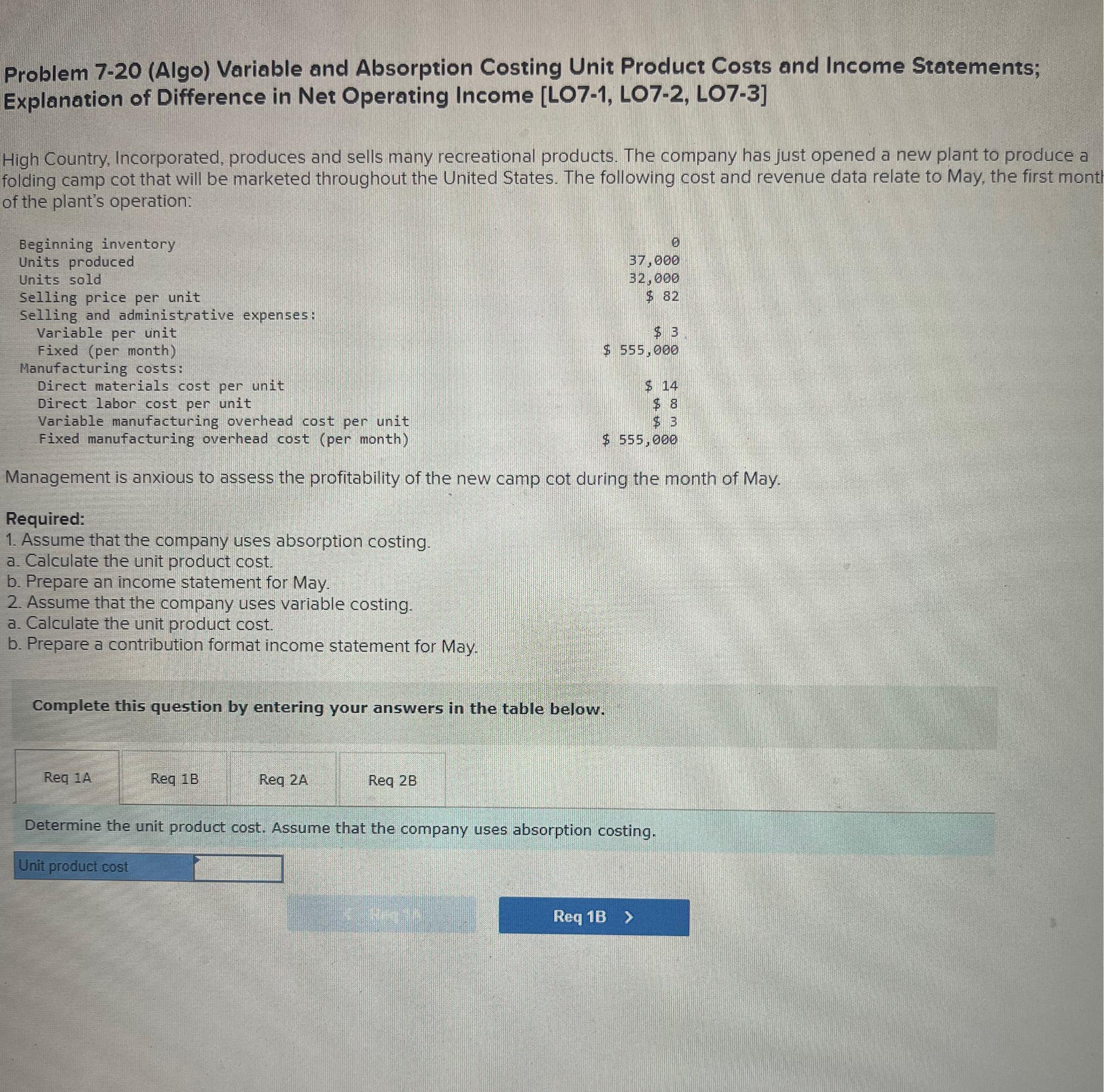 Problem 7-20 (Algo) Variable and Absorption Costing Unit Product Costs and Income