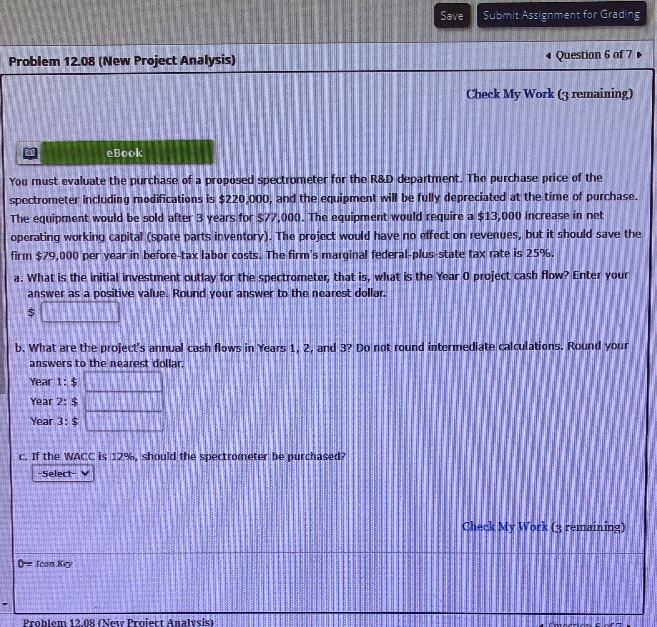 Problem 12.08 (New Project Analysis) Save Submit Assignment for Grading Question 6