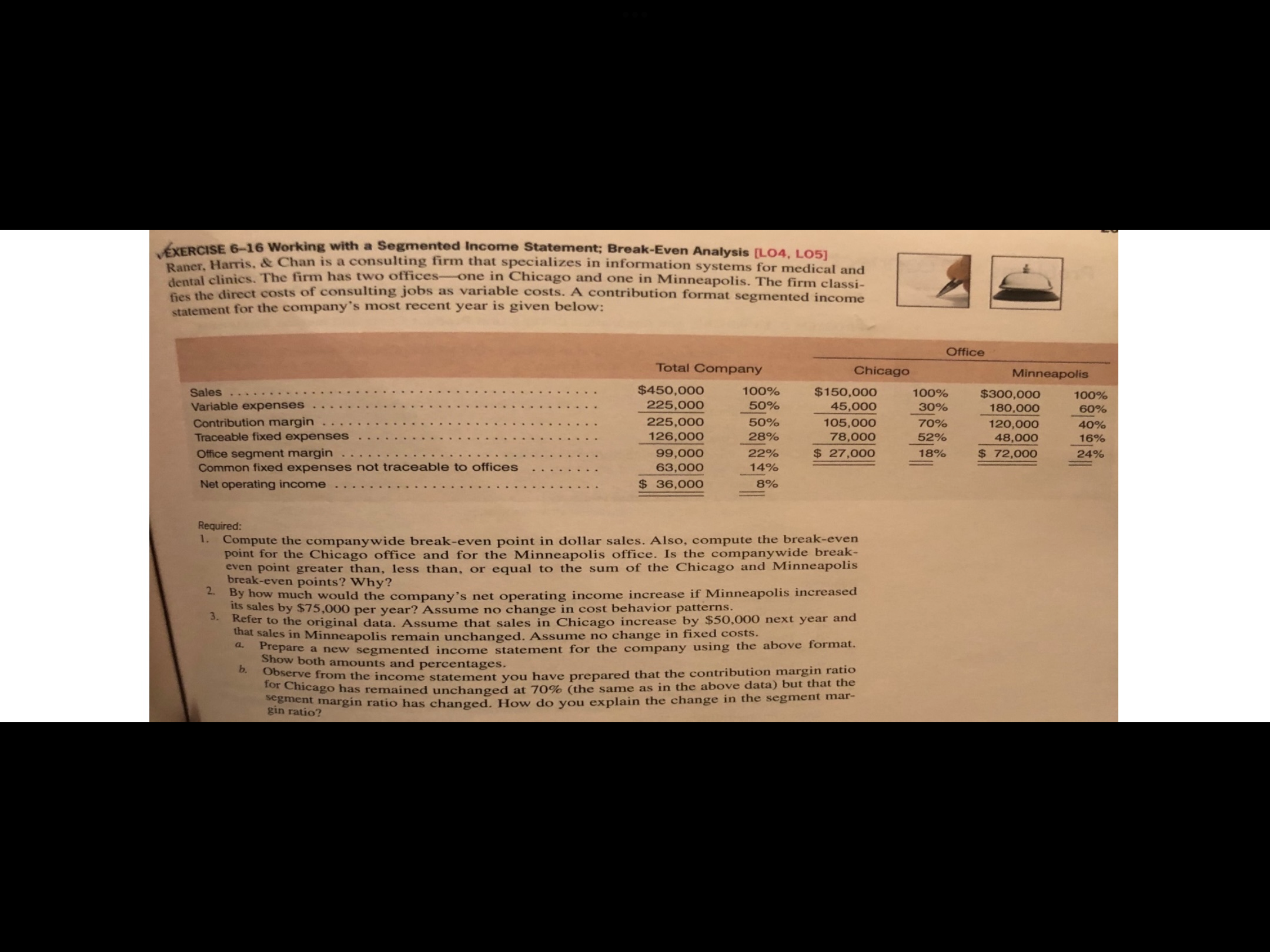 VEXERCISE 6-16 Working with a Segmented Income Statement; Break-Even Analysis [LO4, LO5]