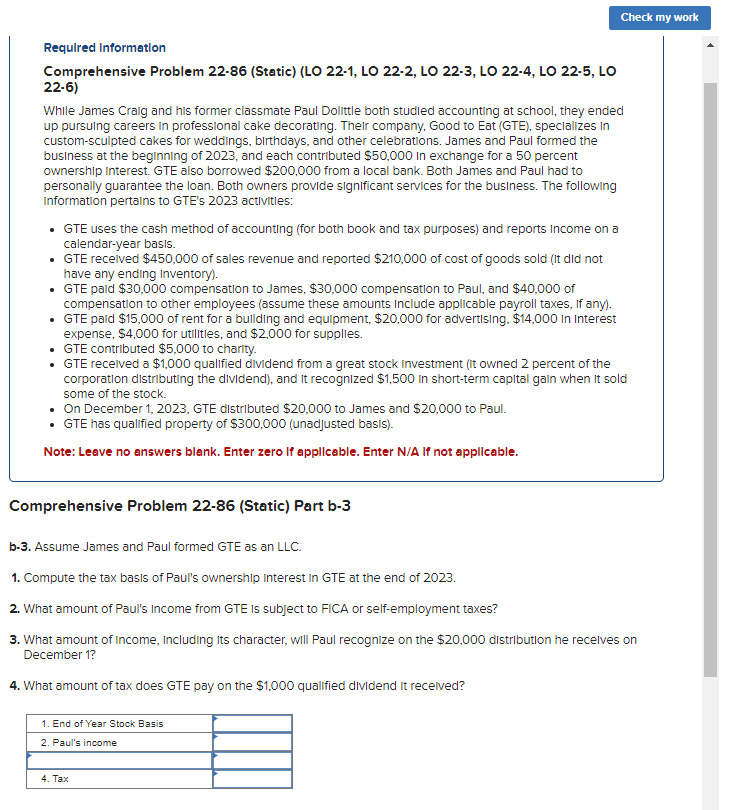 Check my work Required Information Comprehensive Problem 22-86 (Static) (LO 22-1, LO