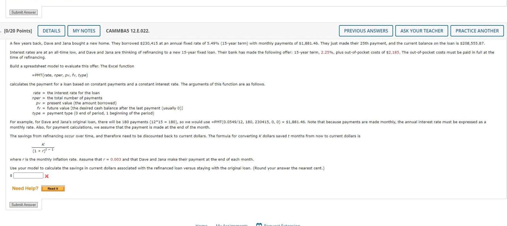 Submit Answer .[0/20 Points] DETAILS MY NOTES CAMMBA5 12.E.022. PREVIOUS ANSWERS ASK