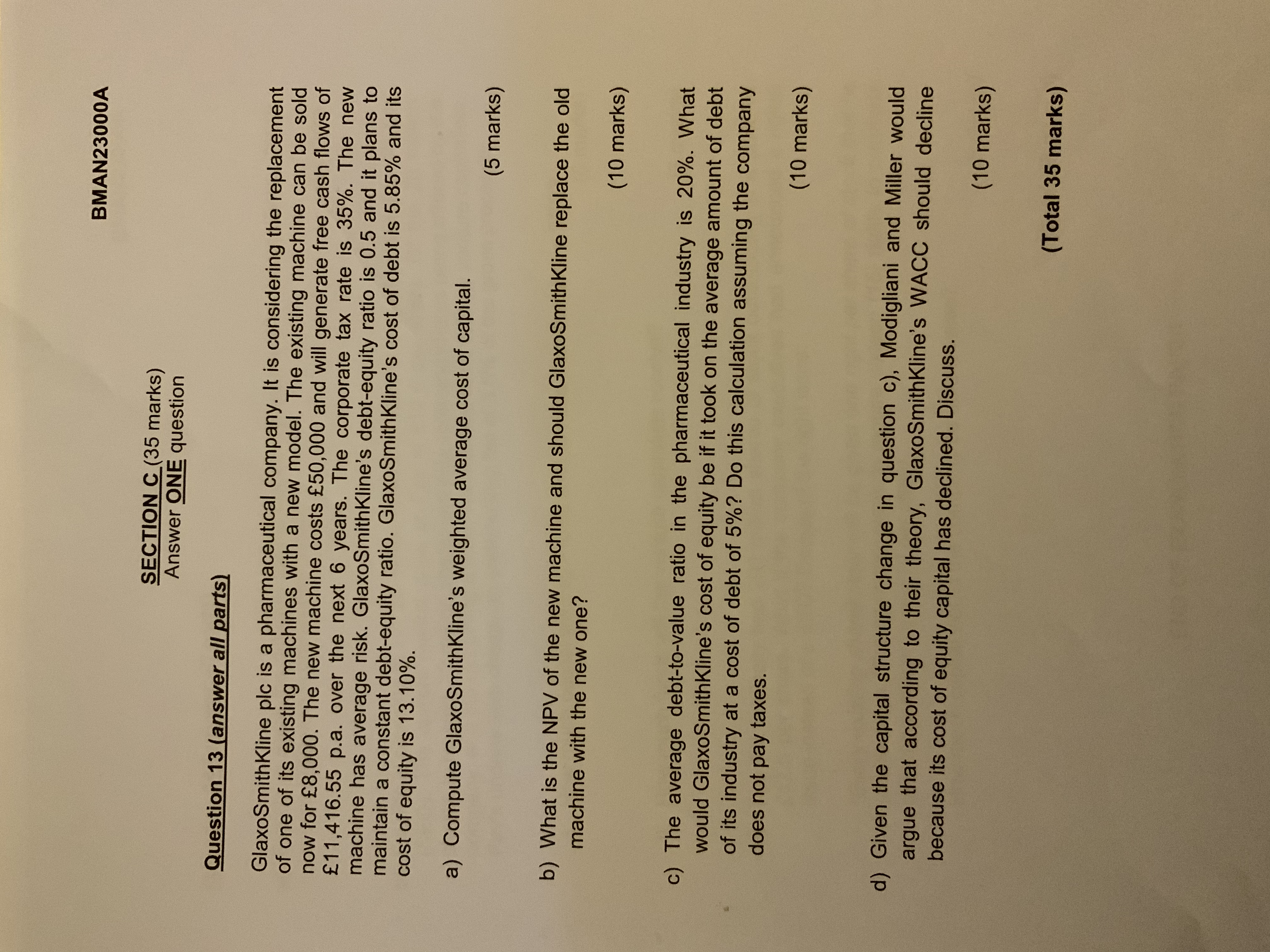 BMAN23000A SECTION C (35 marks) Answer ONE question Question 13 (answer all