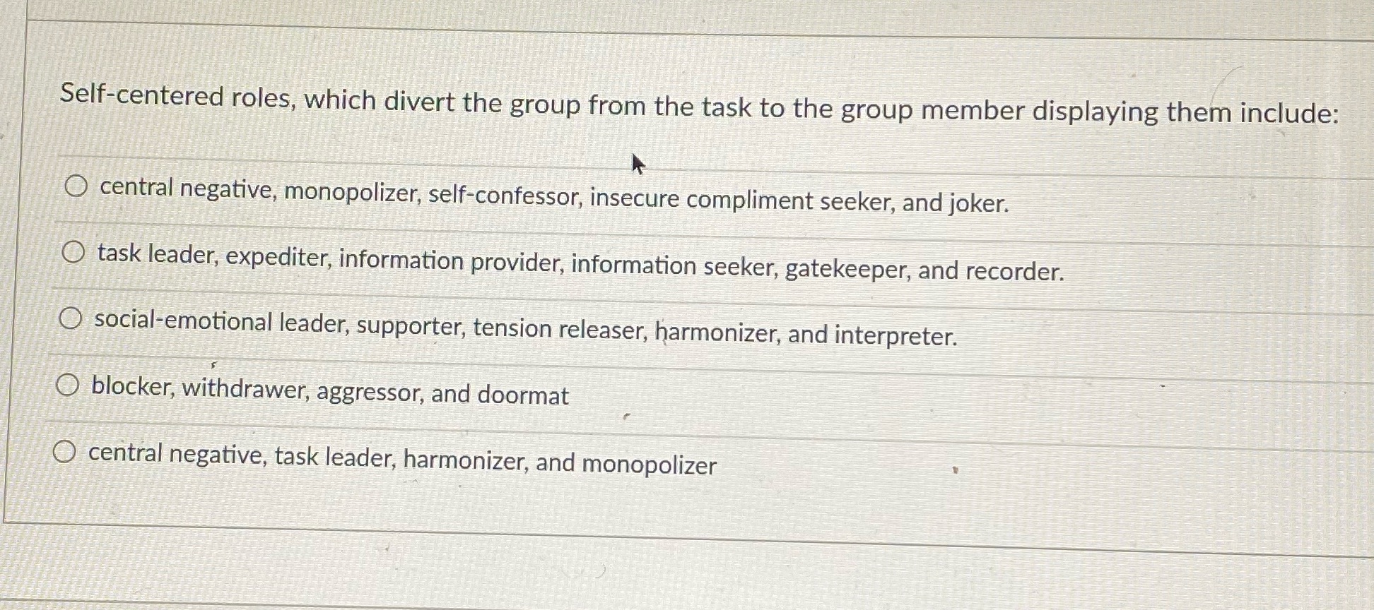 Self-centered roles, which divert the group from the task to the group