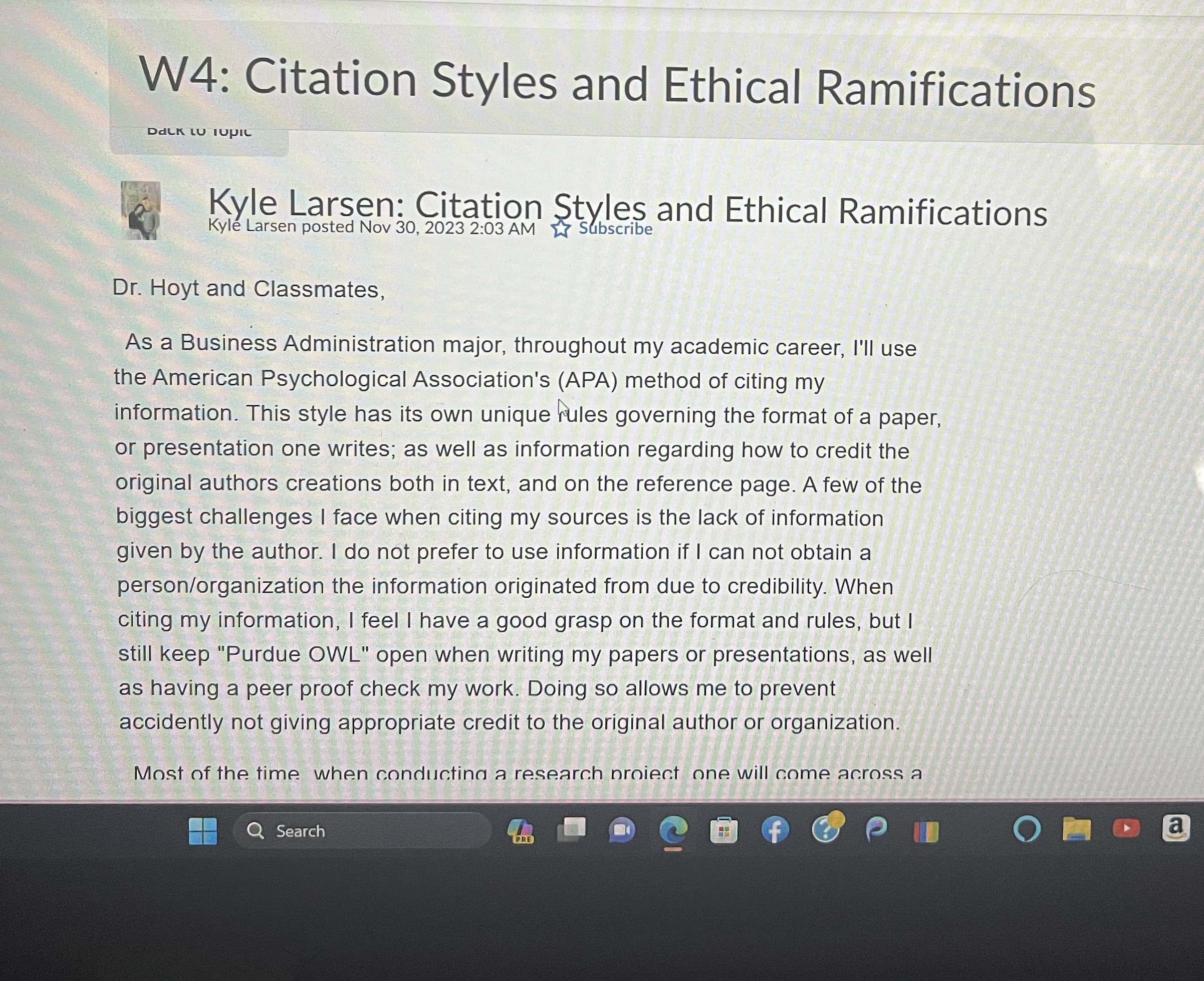 W4: Citation Styles and Ethical Ramifications DdLK LU topic Kyle Larsen: Citation