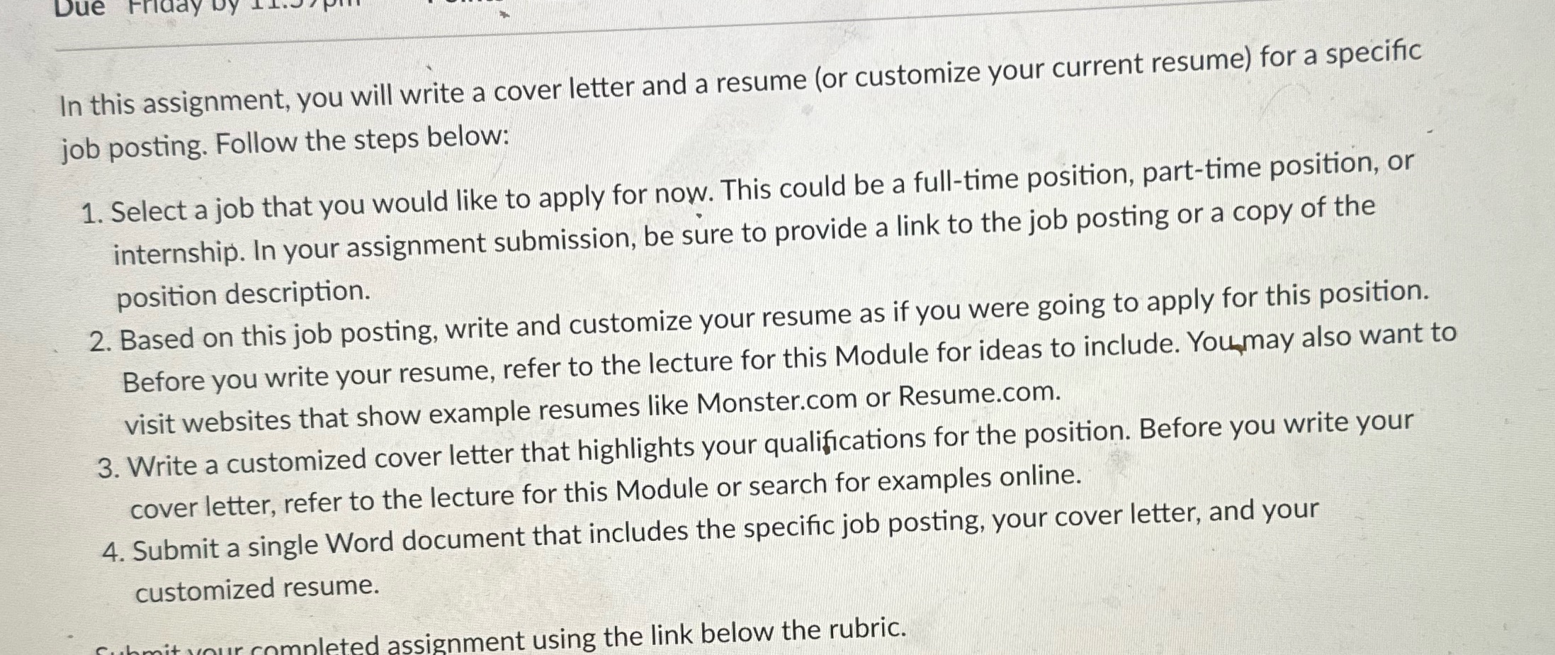 Due In this assignment, you will write a cover letter and a