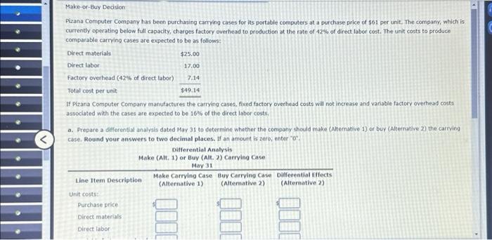 Make-or-Buy Decision Pizana Computer Company has been purchasing carrying cases for its