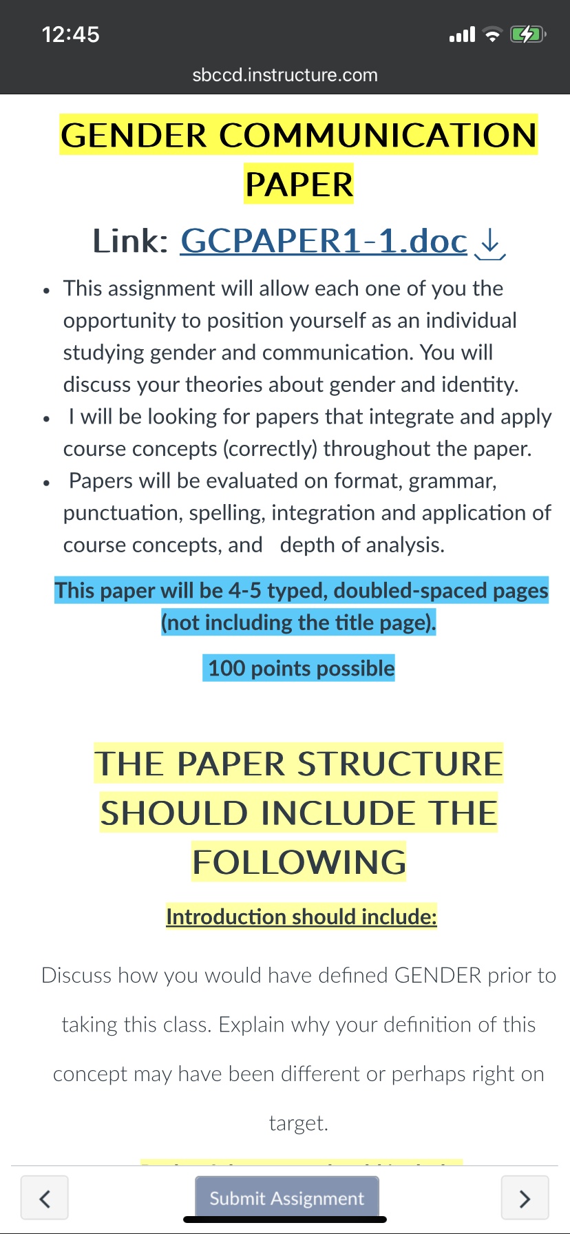 12:45 sbccd.instructure.com GENDER COMMUNICATION PAPER Link: GCPAPER1-1.doc This assignment will allow each