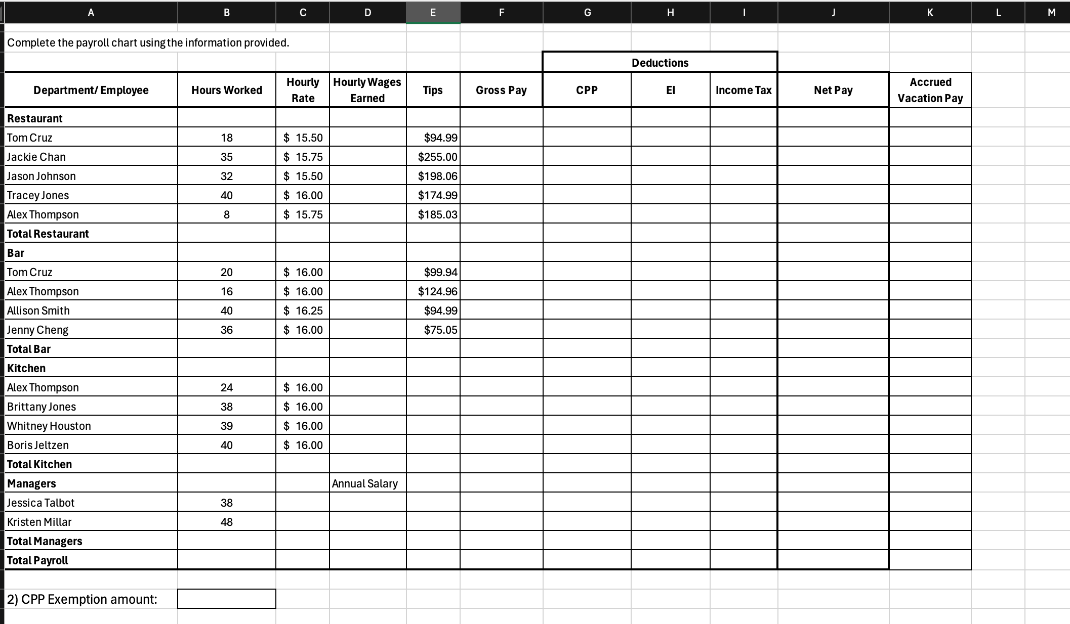 A B Complete the payroll chart using the information provided. Department/Employee Restaurant