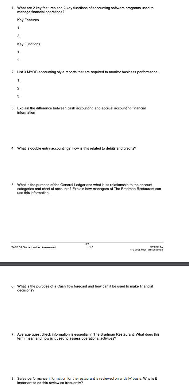 1. What are 2 key features and 2 key functions of accounting