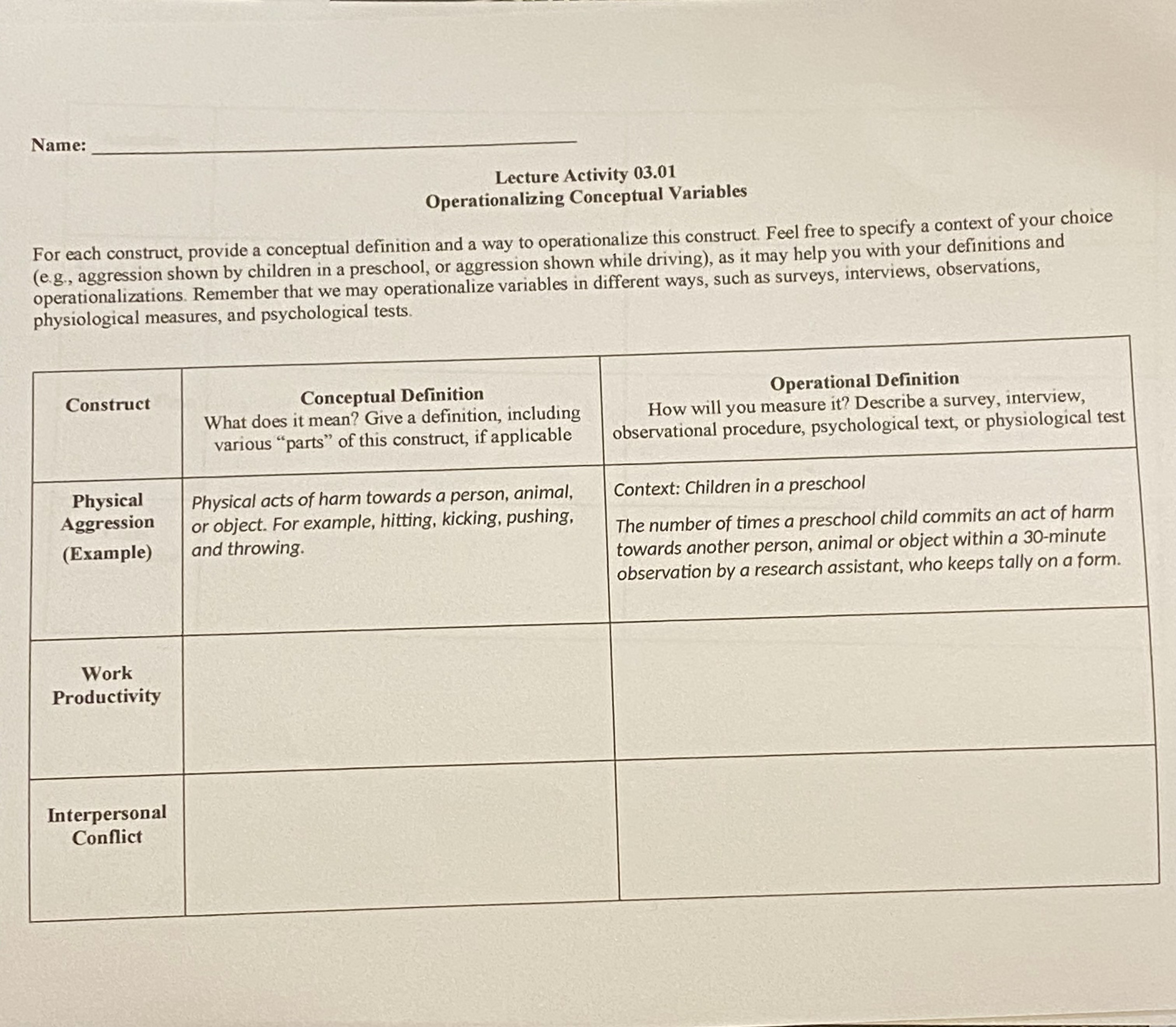Name: Lecture Activity 03.01 Operationalizing Conceptual Variables For each construct, provide a