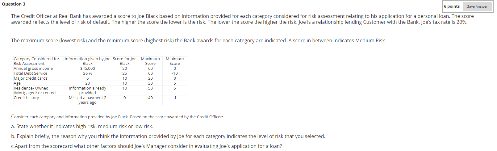Question 3 Save Answer 6 points The Credit Officer at Real Bank