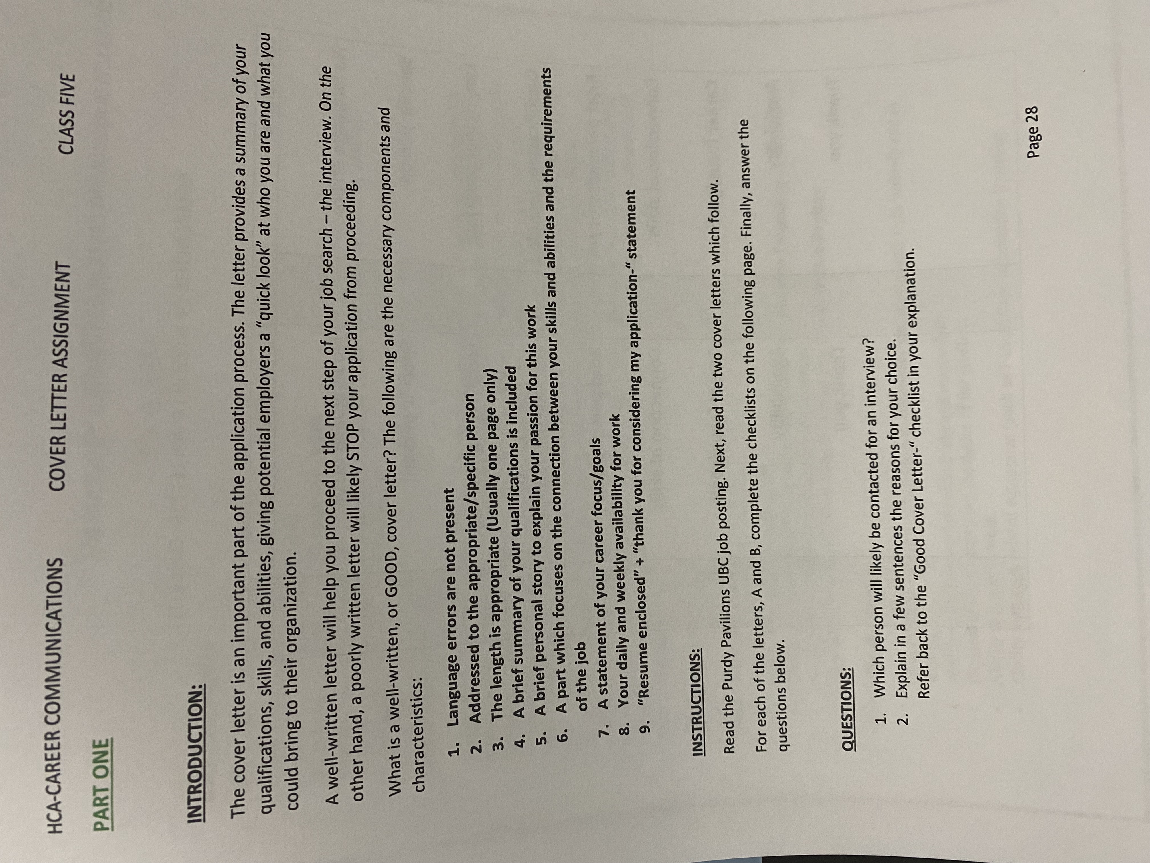 HCA-CAREER COMMUNICATIONS COVER LETTER ASSIGNMENT CLASS FIVE PART ONE INTRODUCTION: The cover